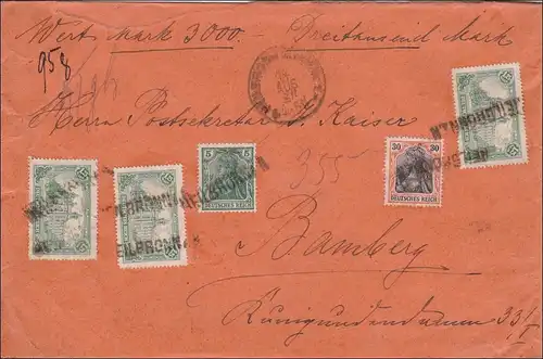 Germania: Lettre de valeur de Heilbronn vers Bamberg 1920