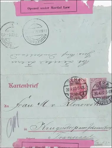 Germania: Lettre de Carte - Tout le dossier Gera vers Transvaal -Krüger Park 1902 - ZENSUR