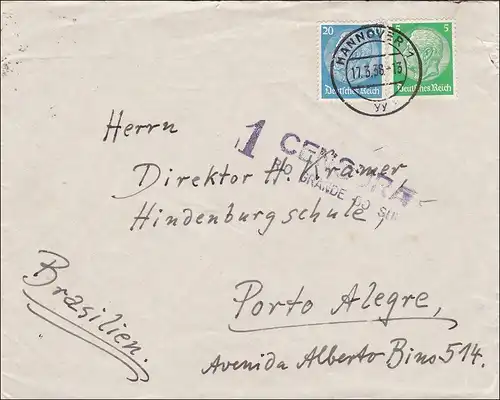 III. Reich: Lettre de Hanovre au Brésil 1936