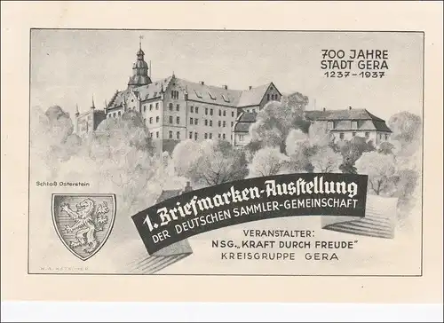 Ganzsache 1. Briefmarkenausstellung KdF, Kreisgruppe Gera, 1937