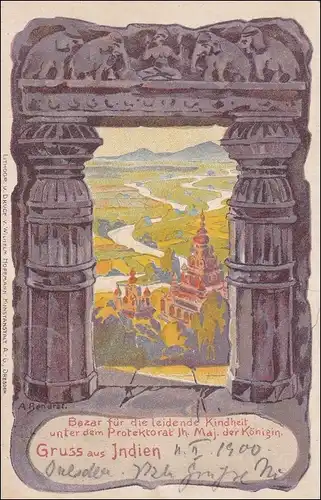 Entier 1900, Gruss de l'Inde, de Dresde-Bazar à Leipzig