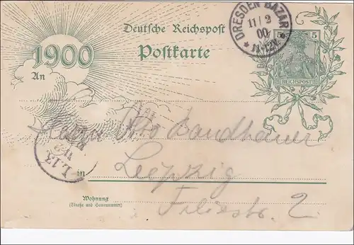 Entier 1900, Gruss de l'Inde, de Dresde-Bazar à Leipzig