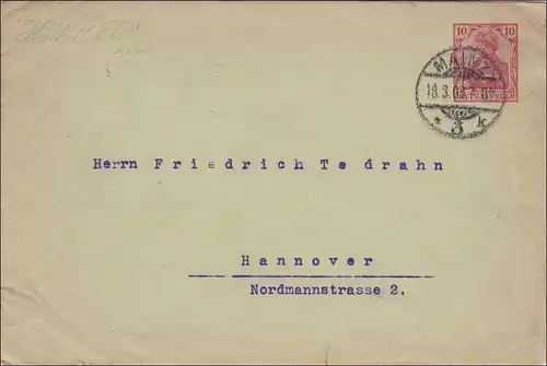 Ganzsachenumschlag Germania von Mainz nach Hannover 1903