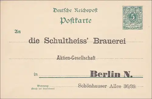 Ganzsache Eindruck Schultheiss Brauerei Berlin, rückseitiger Bestellkarte 190x