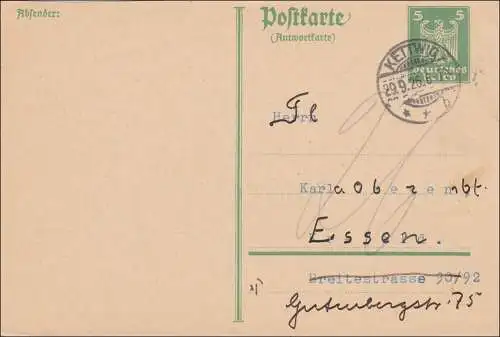 Ganzsache: P163 IA von Kettwig nach Essen 1926 - Antwort