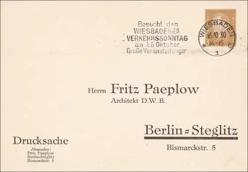 Enveloppe complète: impression de Wiesbaden à Berlin en 1930