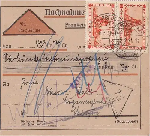 Région de Sarrebruck: Carte paquet Sarrebrücken 1931; numéro 143 MeF