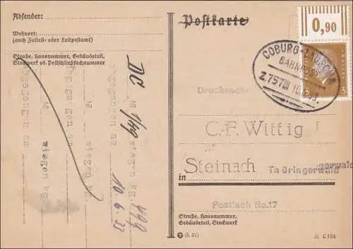 Poste ferroviaire: Carte postale avec cachet de train Coburg-Lauscha 1933, vers Steinach/Thüringen