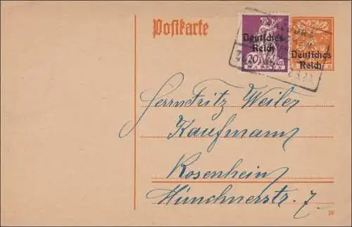 Bahnpost: Ganzsache von Würzburg nach Rosenheim 1920 mit Zugstempel