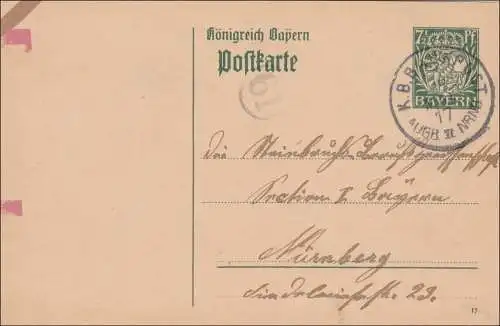 Bahnpost: Ganzsache mit Bahnpost Stempel nach Nürnberg 1917