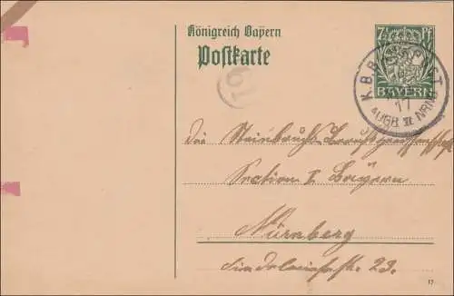 Poste ferroviaire: entier avec le cachet du poste ferroviaire vers Nuremberg 1917