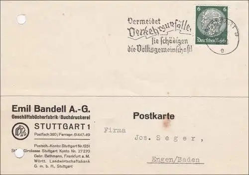 Perfin: Lettre de Stuttgart, Emil Ban dell, EB8, timbre publicitaire Accidents de la circulation 1937