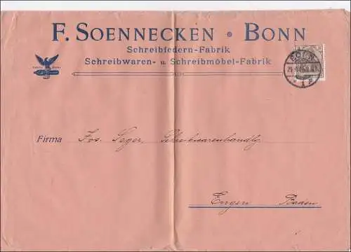 Perfin: Lettre de Bonn, F. Soennecken, 1906, plumes d'écriture, SF