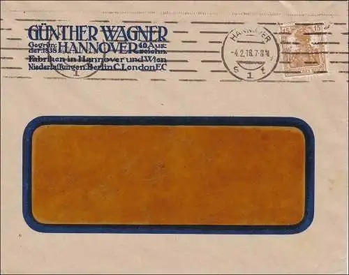 Perfin: Brief aus Hannover, Günther Wagner, 1918, Pelikan,  GW