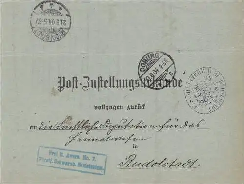 Postzustellungsurkunde Coburg 1908 nach Rudolstadt