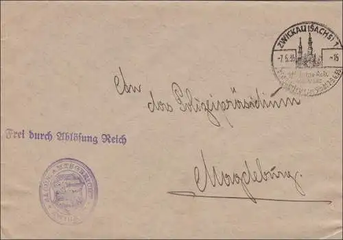 Cour administrative de Saxe 1935 Zwickau avec cachet spécial après Magdeburg