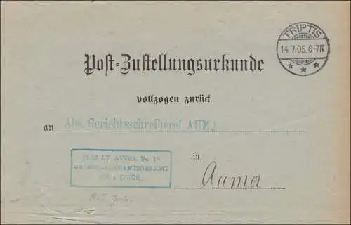 Postzustellurkunde 1905 von Triptis nach Auma