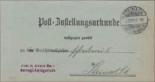 Postzustellurkunde Steinach/Meiningen 1899