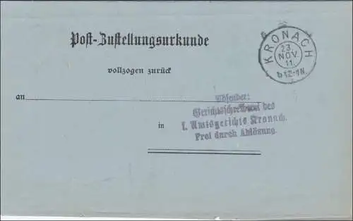 Post-Zustellurkunde nach Kronach 1911