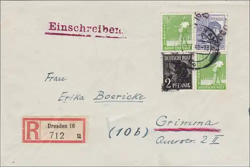 SBZ: Lettre recommandé de Dresde vers Grimma 1948 - Tampon à main