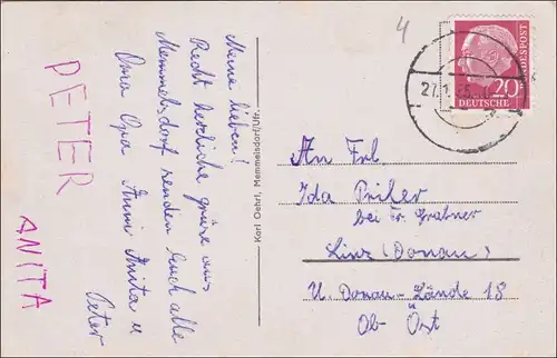 Carte de vue Memmelsdorf/Mainfranken vers Autriche 1955