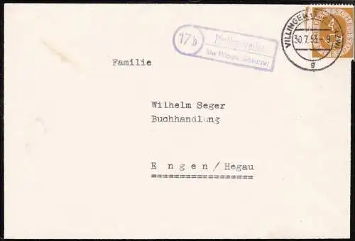 Lettre de deuil de Pfaffenweiler/Villingen-Schwenningen vers Engen 1953