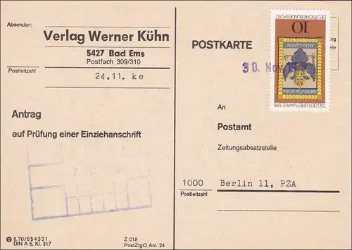 Postkarte - Prüfung einer Einziehanschrift 1976 - Einzelfrankatur MiNr. 903