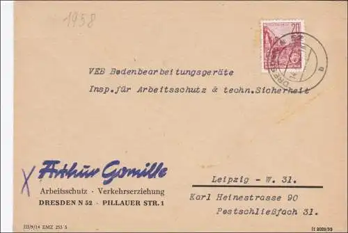 Lettre Protection du travail-éducation de la circulation Dresde après Leipzig 1958, verso