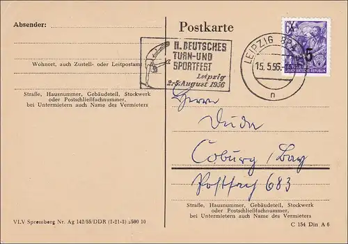 RDA: 1956: Carte postale de Berlin à Coburg - Semaines d'épargne, "Petit faux"