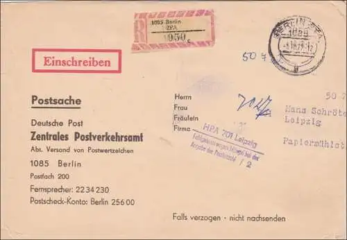 1977:Postsache Einschreiben Berlin nach Leipzig-Fehlgeleitet Mängel bei der PLZ