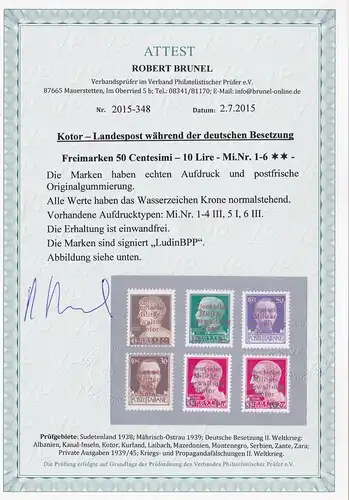 Deutsche Besetzung Kotor: MiNr. 1-6, **, BPP signiert, postfrisch