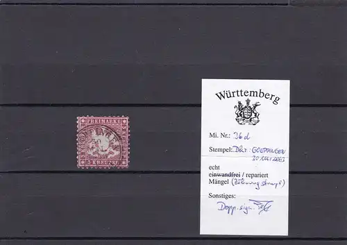 Wurtemberg: MiNr. 26d, BPP Signature, cacheté