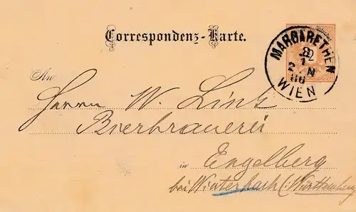 Margarthen/Wien nach Engelberg 1886, Ganzsache, Brauer-und Hopfenzeitung