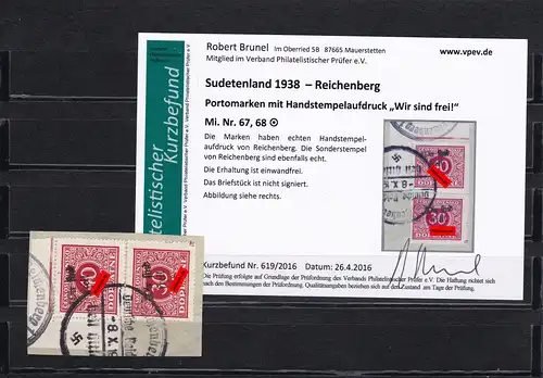 Sudetenland: Min. 67, 68, cachet, imprimé à la main Marques de journaux