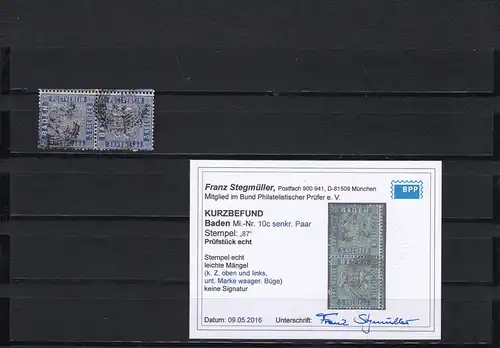 Baden: MiNr. 10c, senkr. Paar, Stempel 87, BPP Befund