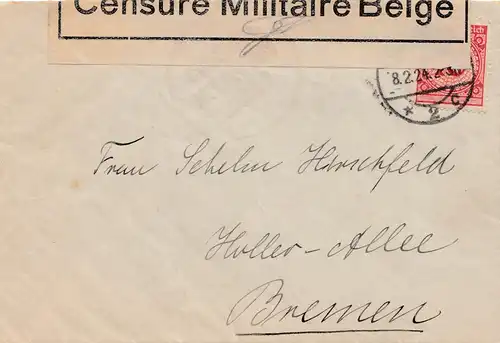 Zensur: 1924: Brief nach Bremen: Belgische Zensur