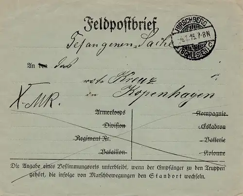 1915: Feldpostbrief Hirschberg nach Kopenhagen