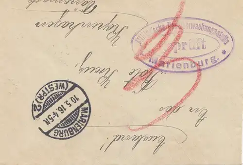 Zensur: 1916: Marienburg nach Dänemark: Postüberwachung Marienburg