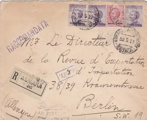 1922: registered letter from Asmara-Eritea to Berlin (Italie)