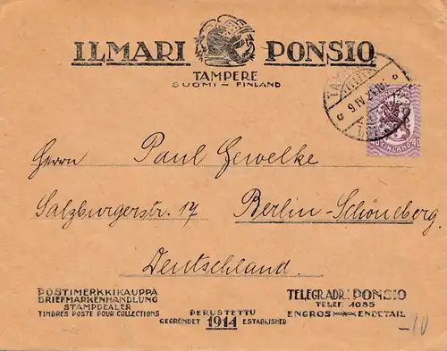 Finnland: 1924: Brief von Tampere nach Berlin