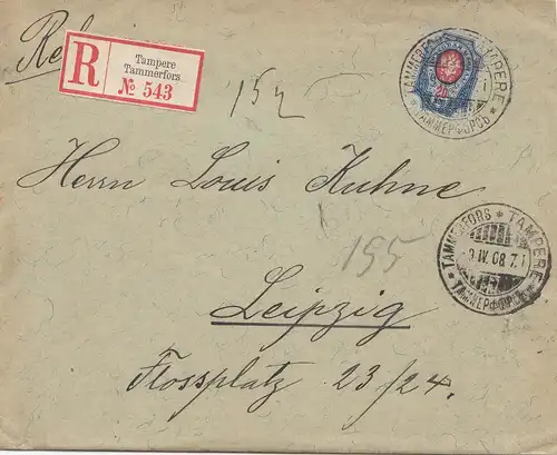 Finlande: 1908: Lettre recommandé à Tampere vers Leipzig