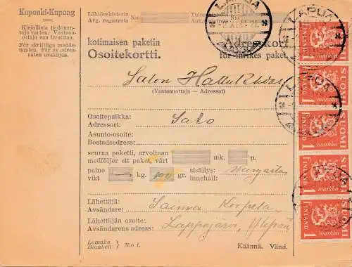 Finnland: 1931: Paketkarte Lapua nach Salo