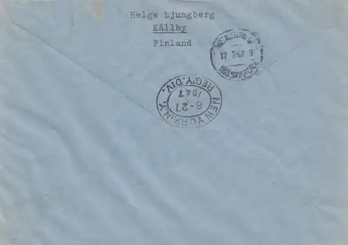 Finlande: 1947: lettre recommandée / Aéroport d'Helsinki vers les États-Unis
