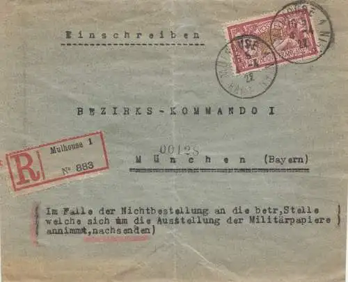 Frankreich:1922: Einschreiben Mulhouse nach München: Bezirks-Kommando I