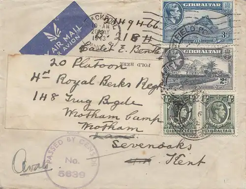 Gibraltar: 1943: Lettre postale aérienne pour l'Angleterre - censure