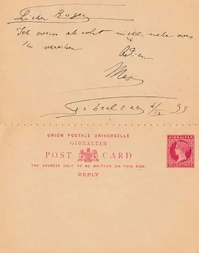 Gibraltar: 1893: Ganzsache nach Italien, ungebrauchte Antwortkarte