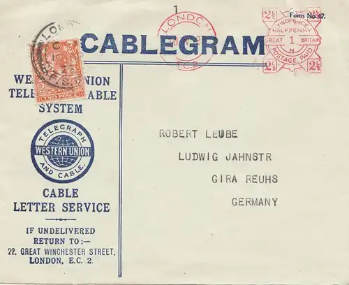 Angleterre: 1927: Cablegram Londres en Allemagne