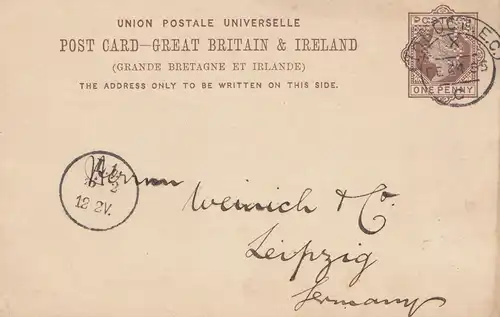 England: 1885: Ganzsache - Perfin - London nach Leipzig