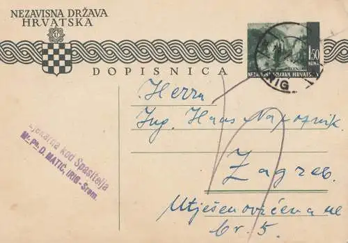 Yougoslavie: 1942: entier Irig-Srom après Zagreb
