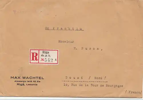 Lettland: 1938: Einschreiben Riga nach Douai- Frankreich